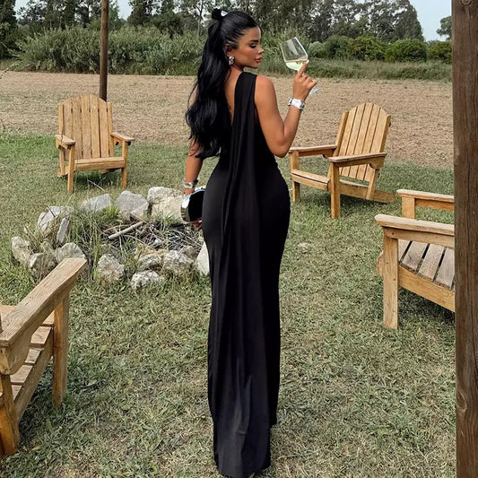 Elegant Women's Party Black Dress 2025 Summer Solid Color Hanging Neck Bareback Strap Split Style Skinny Dress Fishtail Bodycon Dress