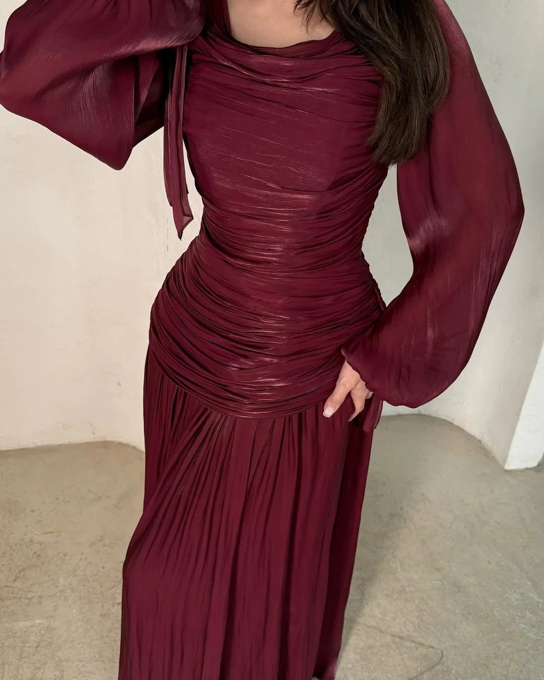 2026 New Arrival Solid Color Long-Sleeve Dress for Women, High Neck Pleated Long Dress