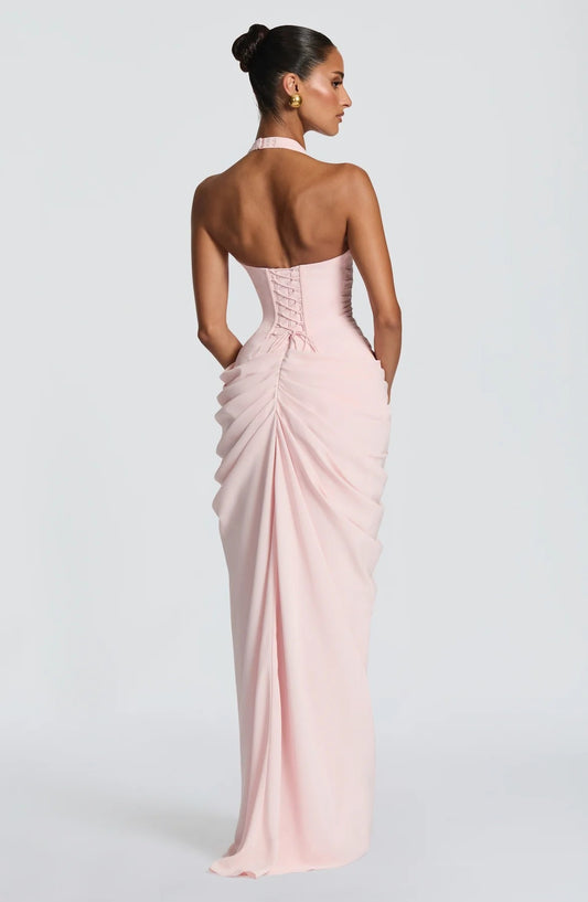 Women’s Elegant Halter Maxi Dress Deep V Neck Ruched Waist Draped Skirt Front Slit Slim Fit Floor Length Formal Evening Occasion Gown