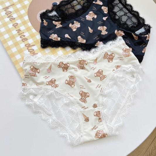 Sweet Bear Print Satin Panties with Delicate Lace Trim, Soft Silky Finish and Cute Ice Cream Teddy Pattern Underwear