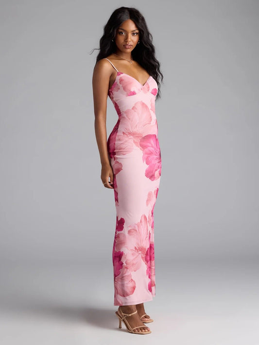 Pink Floral Print Spaghetti Strap Maxi Dress with Plunging V-Neckline, Fitted Bodycon Silhouette and Elegant Floor-Length Skirt