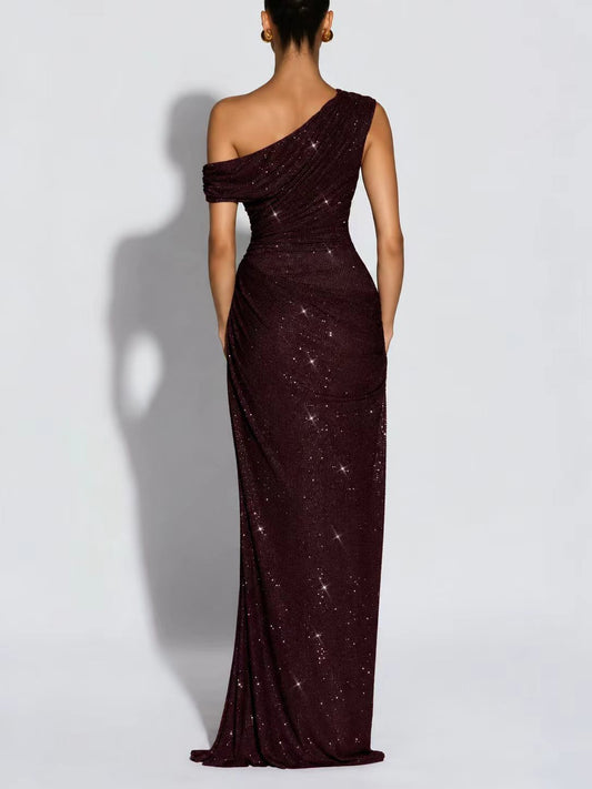 Elegant One Shoulder Sequins Party Dress Chic Sexy Backless Fold Design Slim Fit Female Long Gown 2026 Customized