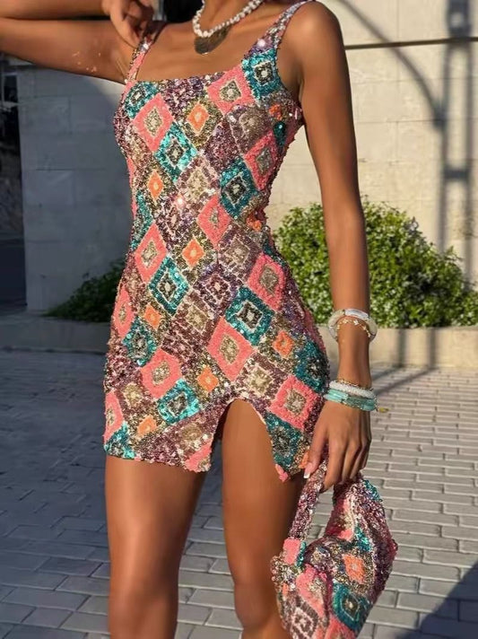 Colorful Diamond Pattern Sequin Slit Sexy Dress Women 2026 Elegant Party Dress Backless Mini Summer Dress Vestidos