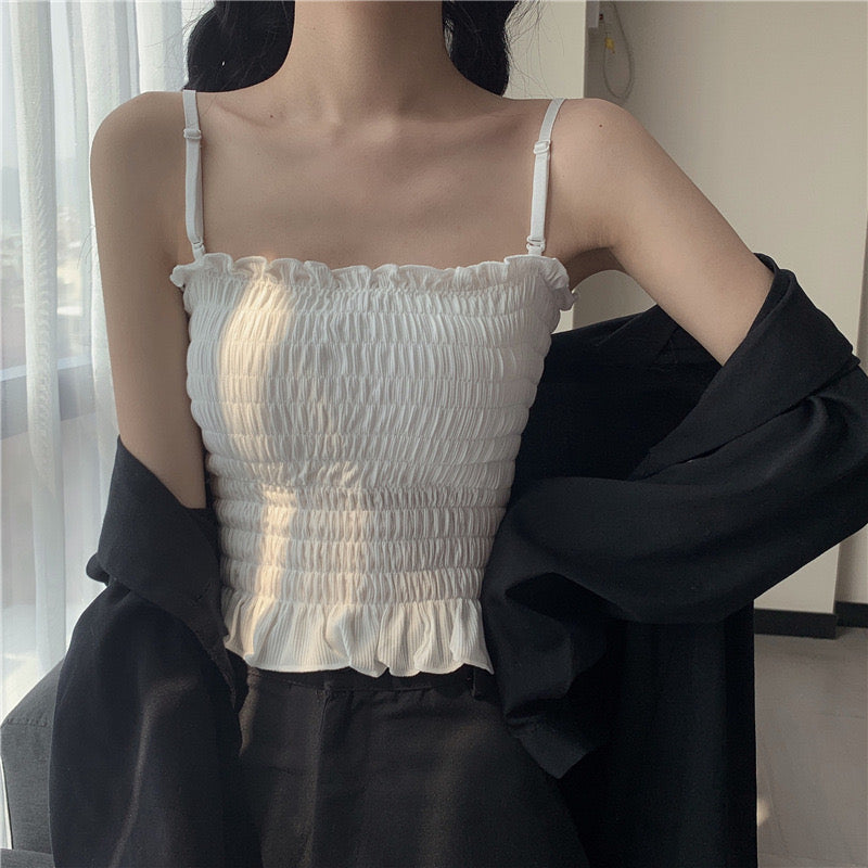 2025 Summer Solid Color Elastic Tube Top Vest Suspenders Adjustable Two-Wear Pleated Top Women's Slim Sexy