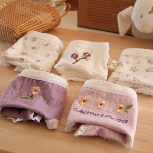 Flower Embroidery Purple Cotton Women's Underpants Mid Waist Comfortable Cute Lace Panties Sweet Girl Breathable Ruffle Briefs