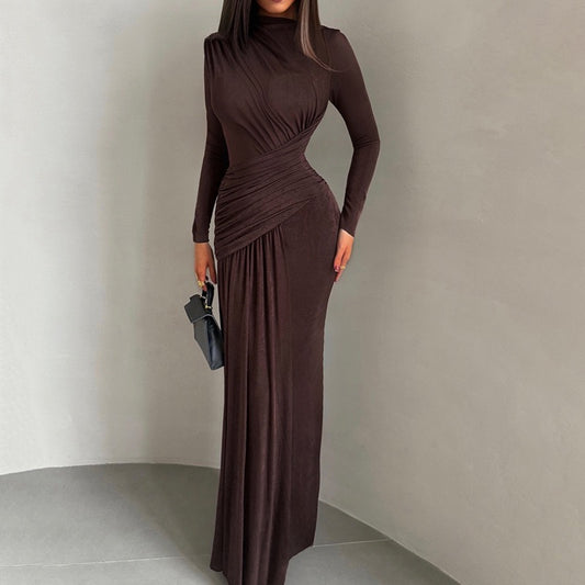 Sexy Wrap Buttocks Black Dresses Women O Neck Dress Long Sleeve Sheath Slim Fit Solid Spliced Pullover Folds Floor Length 2025