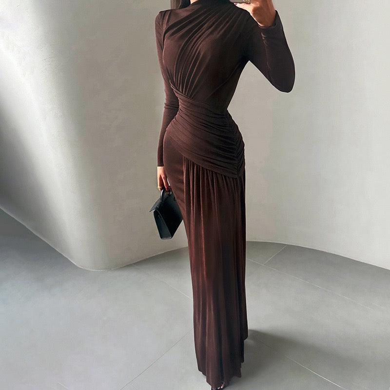 Sexy Wrap Buttocks Dresses Women O Neck Dress Long Sleeve Sheath Slim Fit Solid Spliced Pullover Folds Floor Length 2025