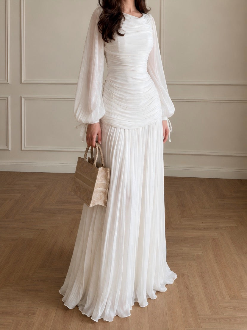 2026 New Arrival Solid Color Long-Sleeve Dress for Women, High Neck Pleated Long Dress