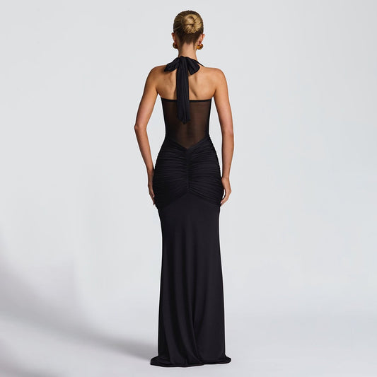 Women's Sexy Mesh See-Through Maxi Dress Long Sleeve Bowknot Evening Gown for Club Party Trendy High Street Style 2026
