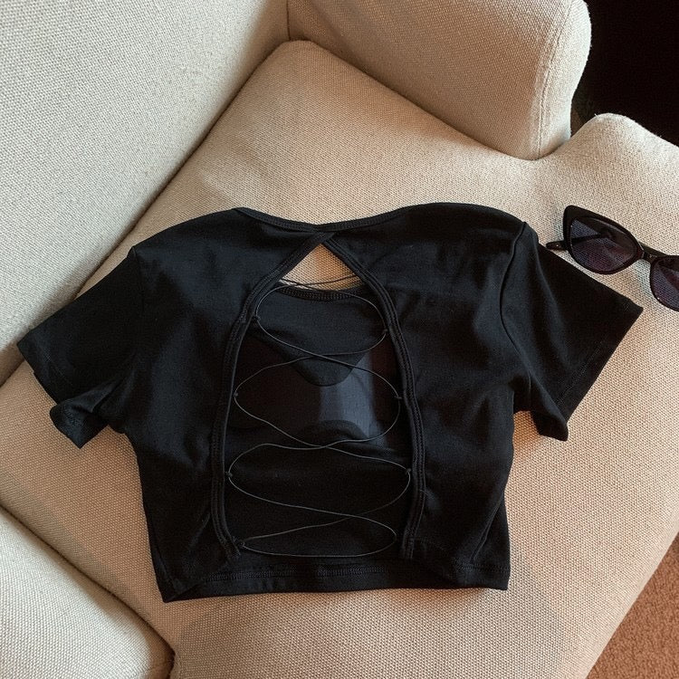 Women Sexy Skinny Cropped T-shirt Short Sleeve Summer Tops Back Cross Bandage Patchwork Ladies Sexy Club Party Clothes