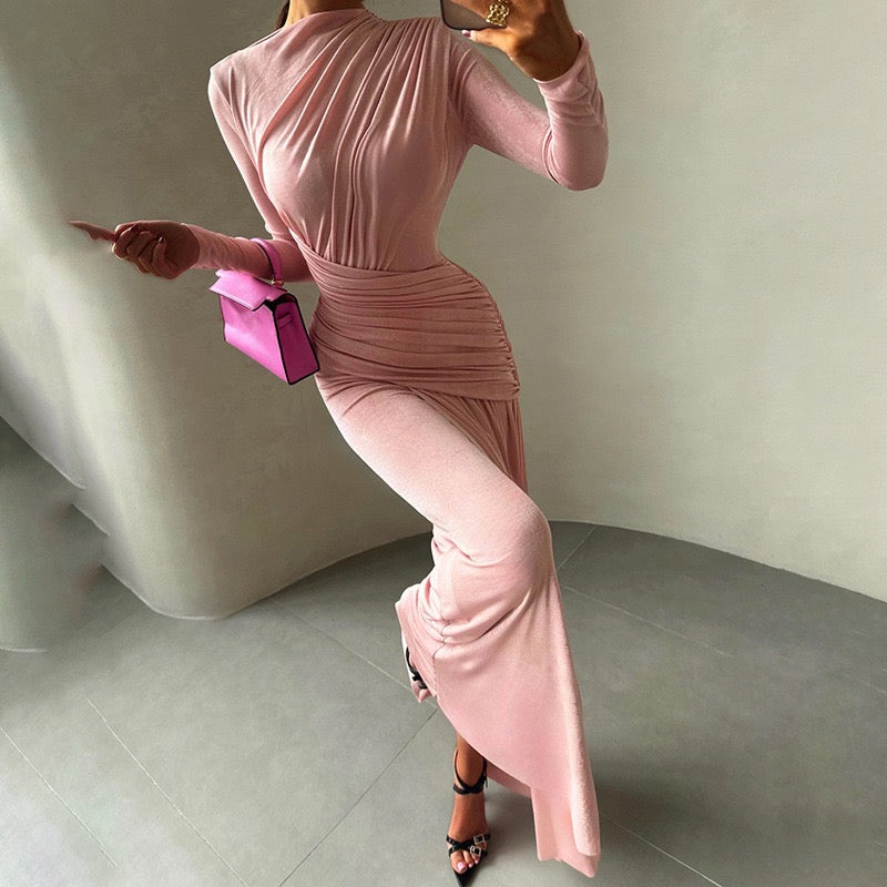 Sexy Wrap Buttocks Dresses Women O Neck Dress Long Sleeve Sheath Slim Fit Solid Spliced Pullover Folds Floor Length 2026