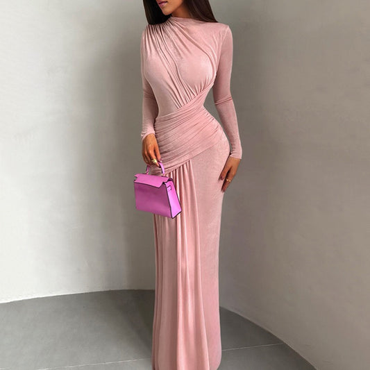 Sexy Wrap Buttocks Dresses Women O Neck Dress Long Sleeve Sheath Slim Fit Solid Spliced Pullover Folds Floor Length 2026