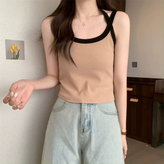 Women Spaghetti Strap Tank Top Scoop Neck Contrast Trim Crop Cami Top Aesthetic Sleeveless Fitted Basic Tops