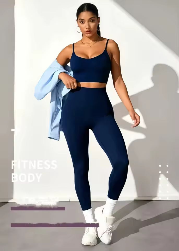 Fashionable lady's three-piece seamless bra, tight leggings, long-sleeved top, sports yoga outfit, ladies elastic fitness wear