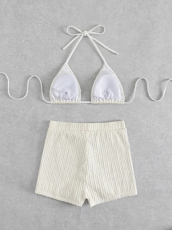 2026 New Summer Women's Swimsuit Solid Color Sexy Padded Halter Lace-up Backless Swimwear Shorts Tankinis Beachwear Bathing Suit