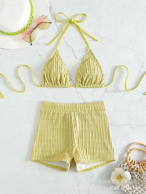 Halter String Solid Color Three-Piece Bikini Set with Coverage Shorts Bottom Sexy Swimsuit Women Bathing Suit Beach Wear Bikini