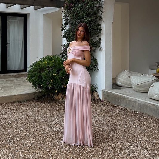 Women's Dress 2026 Summer New Product French Elegant Mesh Splicing One Necked Metal Flower Decoration Hip Bag Party Dress