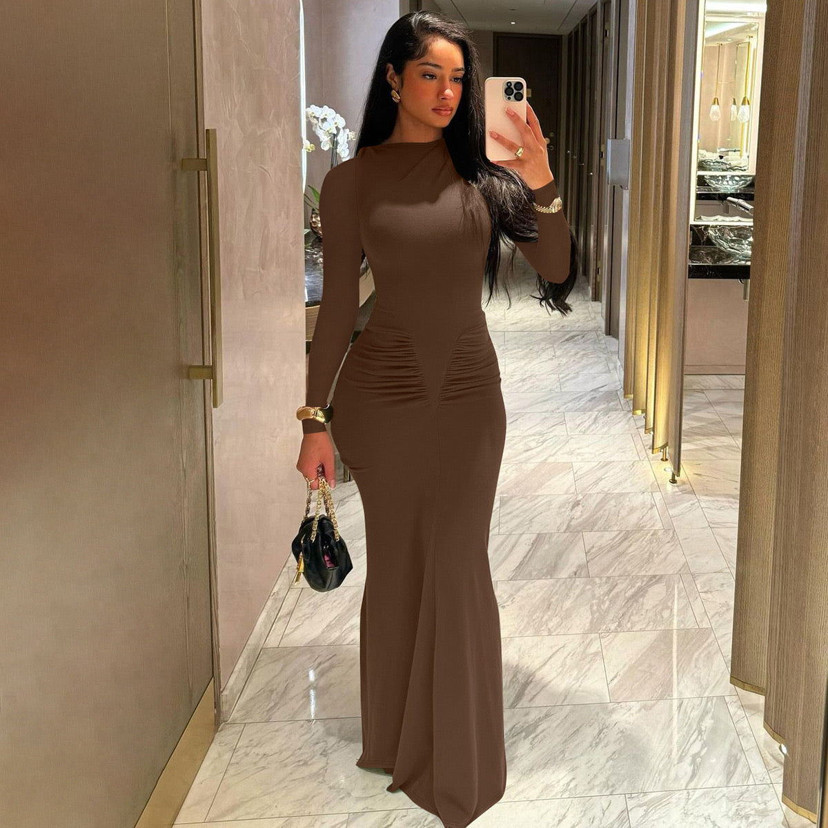 Sexy Wrap Buttocks brown Dresses Women O Neck Dress Long Sleeve Sheath Slim Fit Solid Spliced Pullover Folds Floor Length 2026