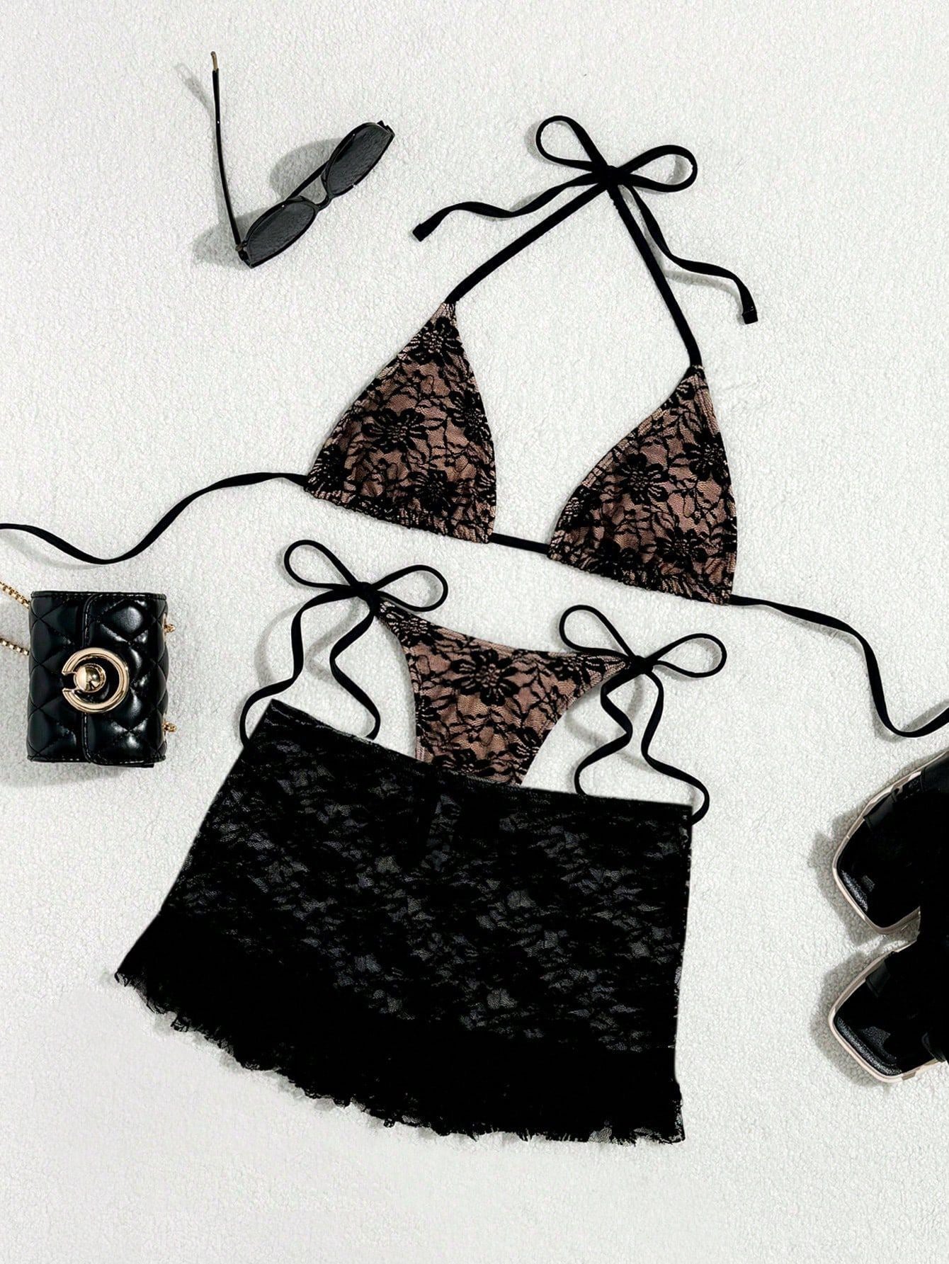 3PCS with Mesh Sheer Skirt Lace Thong Bikini Female Swimsuit Women Swimwear Three-pieces Bikini Set Bathing Suit Swim Beachwear