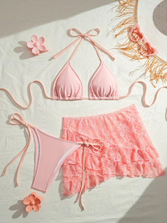 3PCS with Mesh Sheer Skirt Lace Thong Bikini Female Swimsuit Women Swimwear Three-pieces Bikini Set Bathing Suit Swim Beachwear