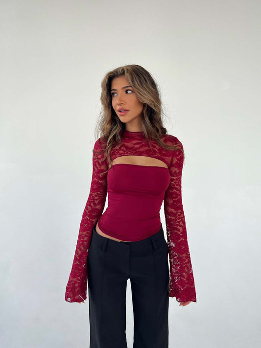 New Women's T-shirt Fashion Hollow Out Sexy Lace Flare Sleeve Slim Fit T-shirts Hot Girl Long Sleeve Tee Autumn Elegant Crop Top