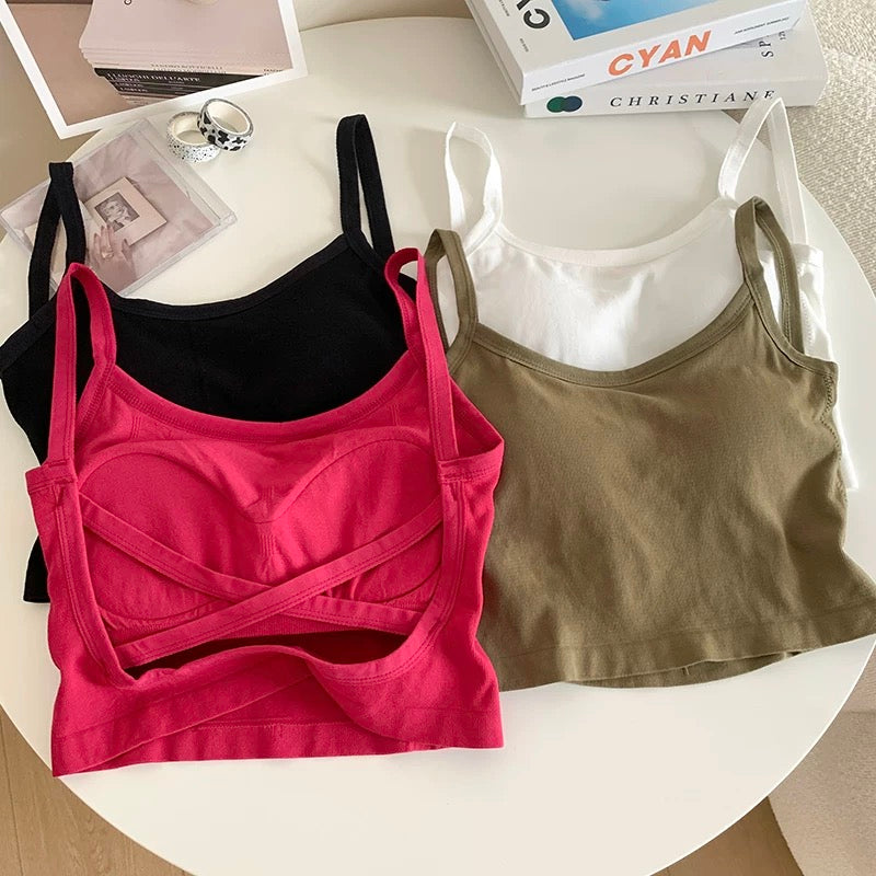Spaghetti Strap Camis Summer Solid Sleeveless Hollow Out Cross Belt Tank Tops Sports In Bras Women Streetwear