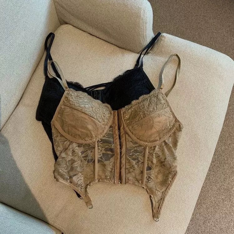 V-Neck Sexy Lace Corset Top Slim Fit Push Up Hollow Suspender Vest Adjustable Straps Off Shoulder Breathable Mesh Vest Travel