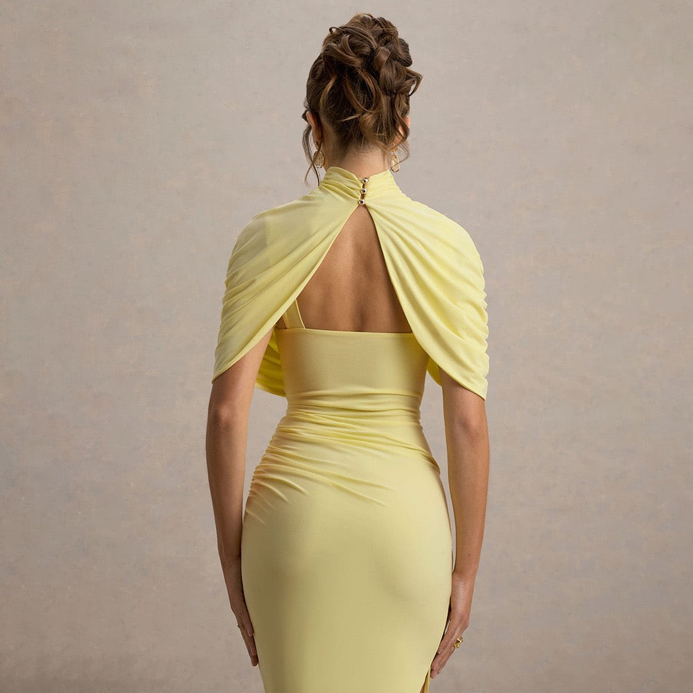 Chic Yellow Gauze Pleated Strapless Dress Women Sleeveless Off Shoulder Slim Short Dresses 2026 Lady Evening Party Vestidos New
