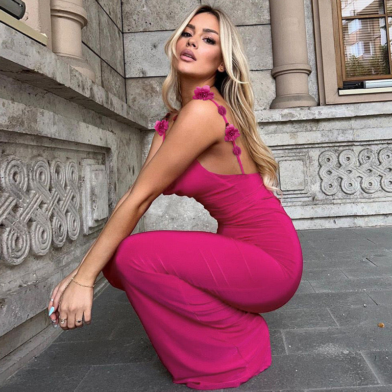 Sexy Backless Slim Suspender Rose Red Women'sDress 2025 Summer New Fashion Casual Elegant Party Long Dress for Women