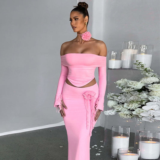 Slim Sexy Backless Lace-Up Top & Bodycon Floral Skirt Set – Elegant 2-Piece Party Outfit for Women