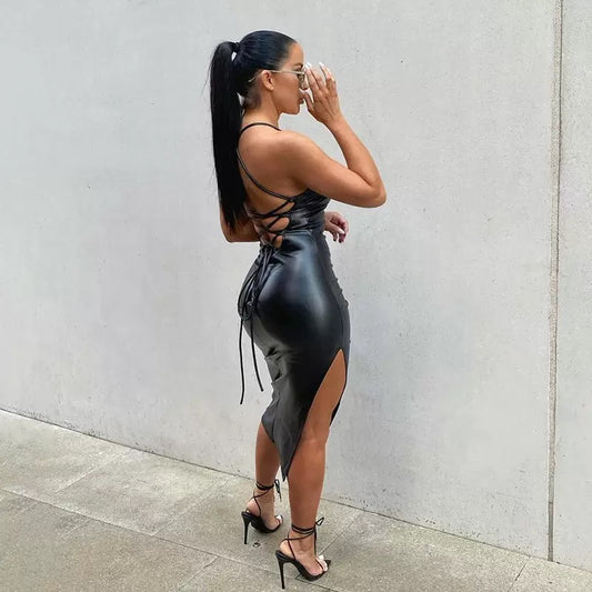 Women dress Sexy Suspender Mid-length Bodycon Dress Fashion Solid Color Leather Bandage Backless Skinny Split Dress For Female Mujer