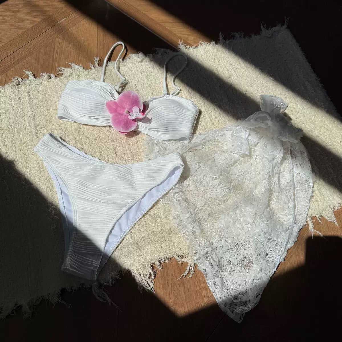 Flower Bikinis Sets 3 Pieces Lace Mesh Cover Ups Solid White Texture Swimwear Sexy Swimsuit Women Beach Wear Bather Biquinis
