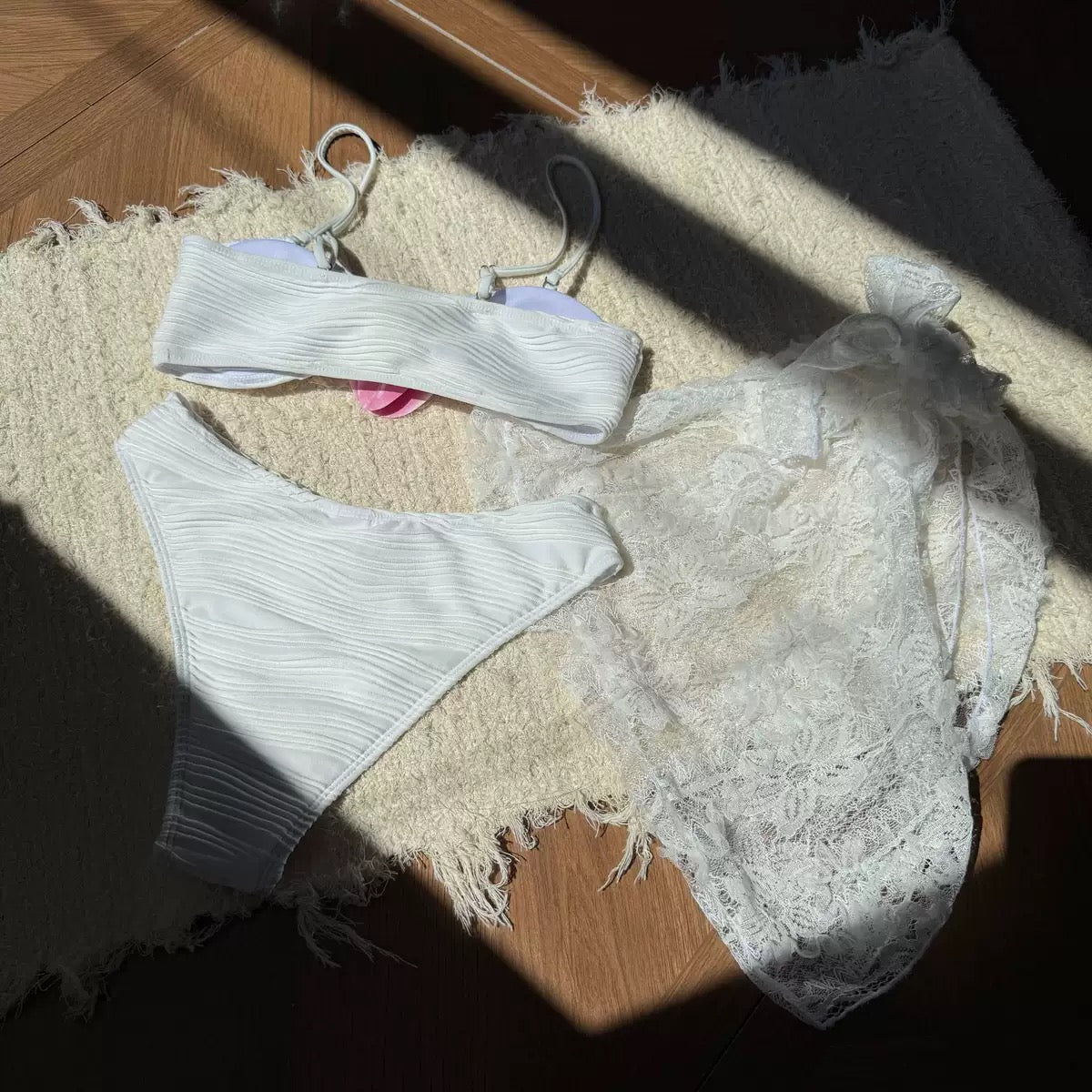Flower Bikinis Sets 3 Pieces Lace Mesh Cover Ups Solid White Texture Swimwear Sexy Swimsuit Women Beach Wear Bather Biquinis