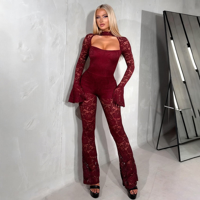 Lace See Through Long Sleeve Sexy Jumpsuit Women Fashion Lace Off-Shoulder Bodycon High Waist Club Party Jumpsuits