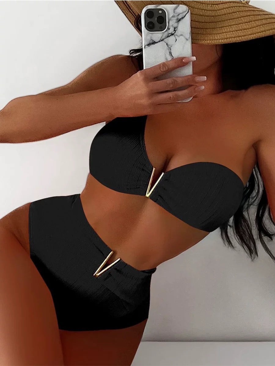New black Bikinis Two Pieces Swimsuit Women One Shoulder Swimwear Beach Wear High Waist Bathing Suits Bikini Set