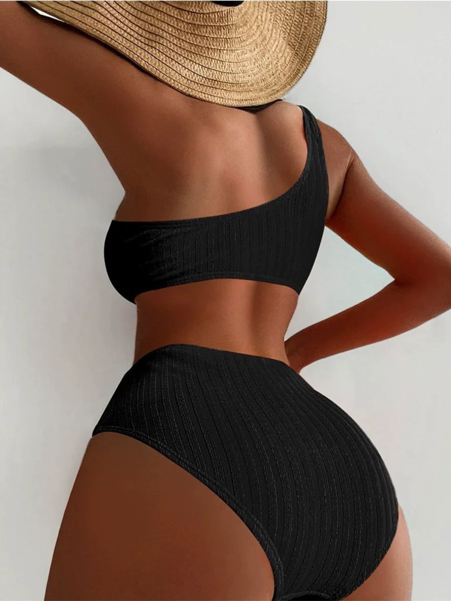 New black Bikinis Two Pieces Swimsuit Women One Shoulder Swimwear Beach Wear High Waist Bathing Suits Bikini Set