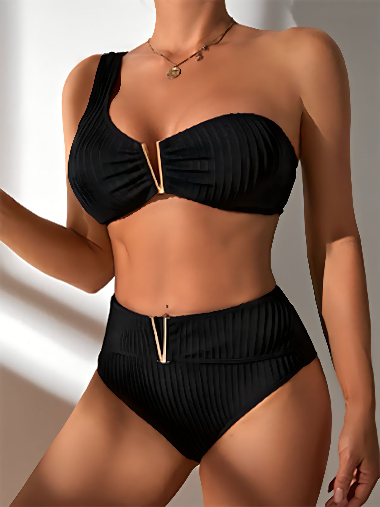 New black Bikinis Two Pieces Swimsuit Women One Shoulder Swimwear Beach Wear High Waist Bathing Suits Bikini Set