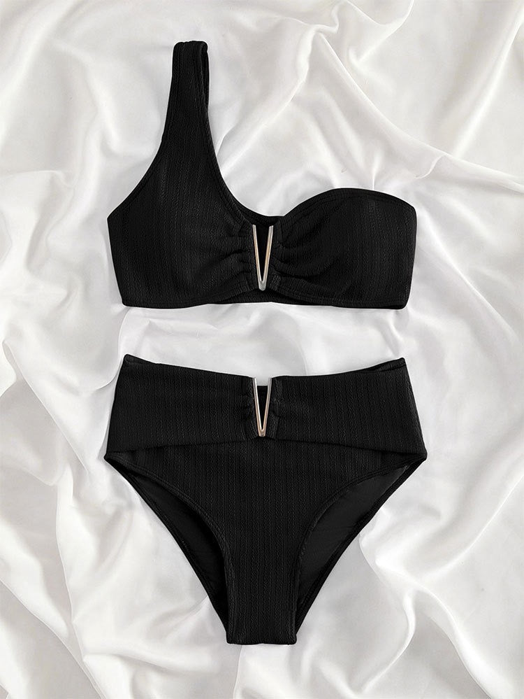 New black Bikinis Two Pieces Swimsuit Women One Shoulder Swimwear Beach Wear High Waist Bathing Suits Bikini Set