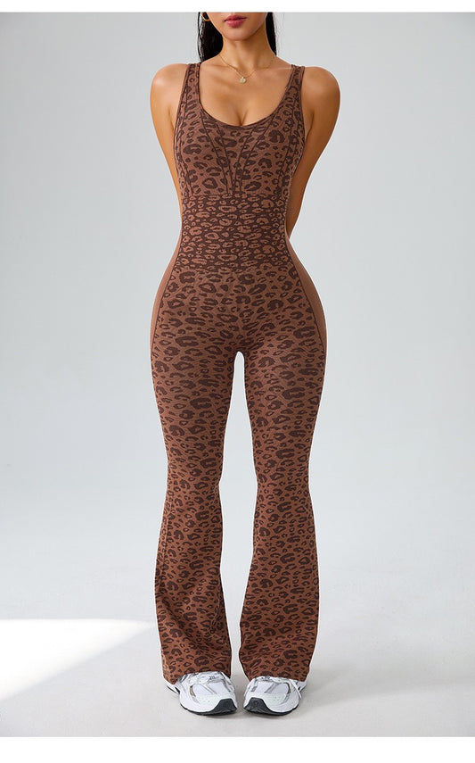 Women Seamless Jumpsuits Long Sleeve One Piece Yoga Overalls Backless Leopard Fitness Gym Bodysuits Flare Pants Sports Tracksuit