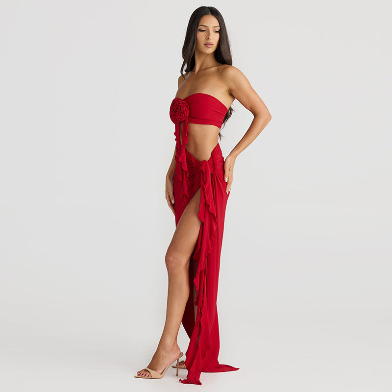 Women's Elegant Two Pieces Dresse Suits Flower Top and High Slit Long Skirts Matching Sets Red Vacation Outfit 2025 Lovely Gift