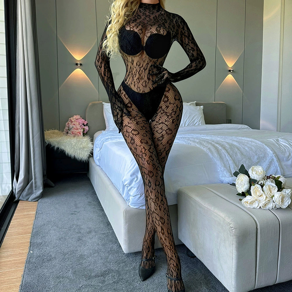 Sexy Lingerie Open Back Long Sleeve Bodysuit With Sheer Pantyhose And Mesh Top Sexy Mesh Sheer Jumpsuit Rompers