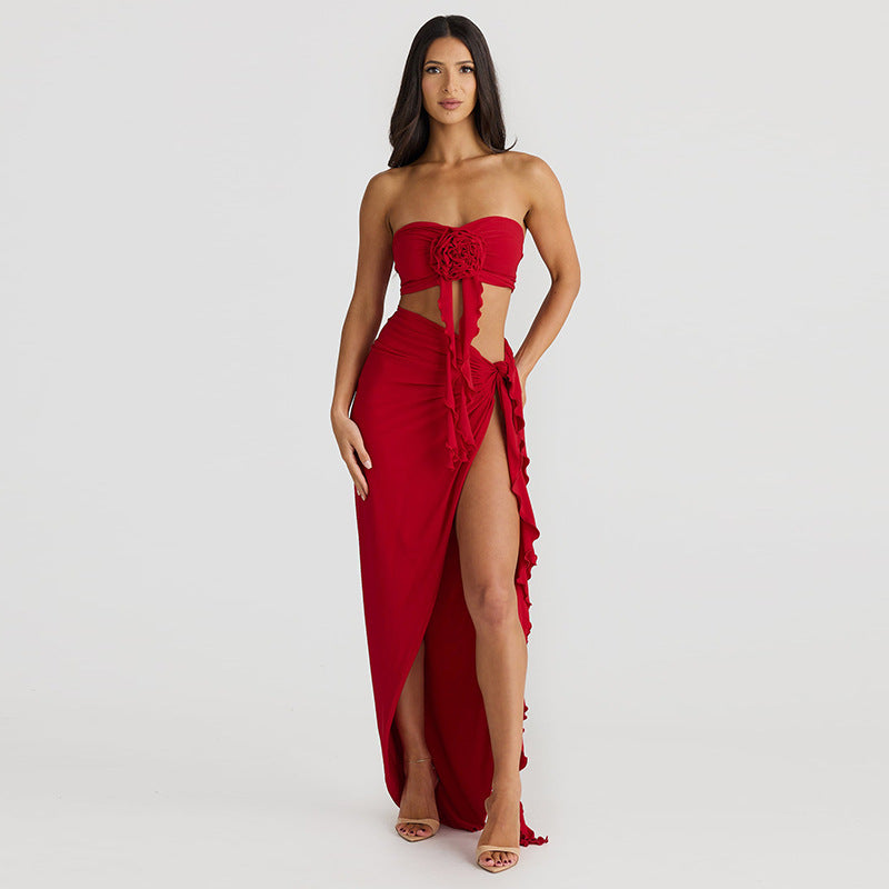 Women's Elegant Two Pieces Dresse Suits Flower Top and High Slit Long Skirts Matching Sets Red Vacation Outfit 2025 Lovely Gift