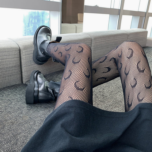 Black mesh socks adorned with moons, high-waisted, fashion socks, leggings, sheers for women.