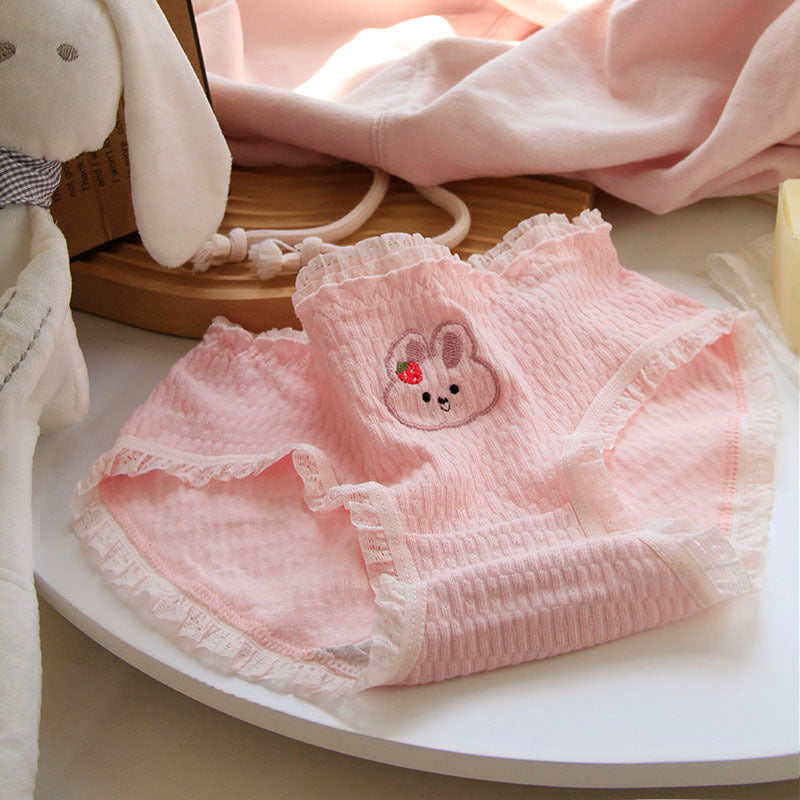 Cartoon Rabbit Embroidery Pink Girls' Underwear Women's Breathable Mid Waist Lace Cotton Panties Cute Ruffle Seamless Briefs