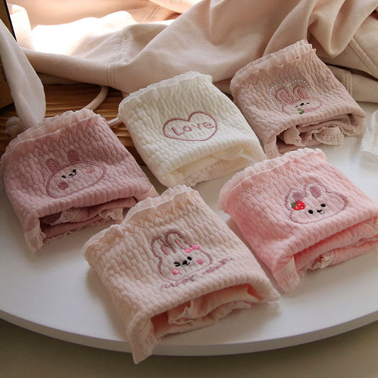 Cartoon Rabbit Embroidery Pink Girls' Underwear Women's Breathable Mid Waist Lace Cotton Panties Cute Ruffle Seamless Briefs
