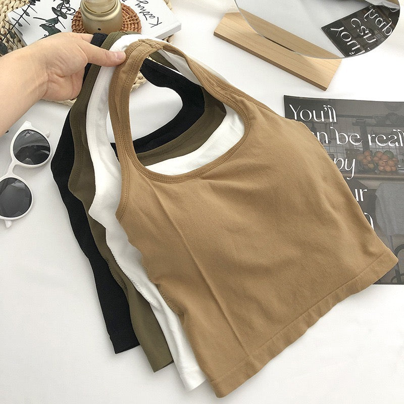 Women Halter Top Summer Korean Style Trend Fashion Built in Women Bra Stretch Women Beach Everyday Casual Tank Top