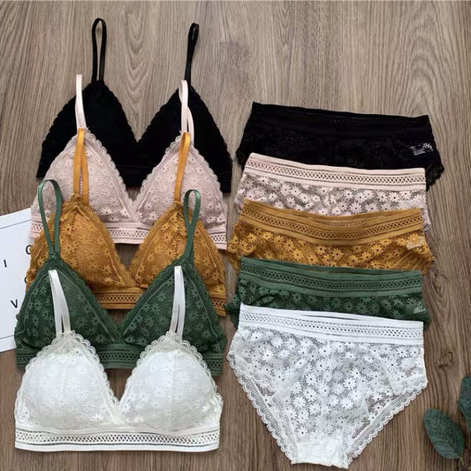 French Triangle Cup Bikini Bra Thin Sling No Steel Ring With Insert Lace Underwear Set Women