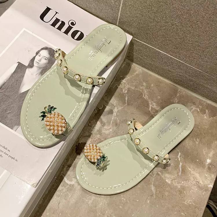 2022 Summer New Slippers Pearl Pineapple Female Casual Slippers Female set toe one pedal