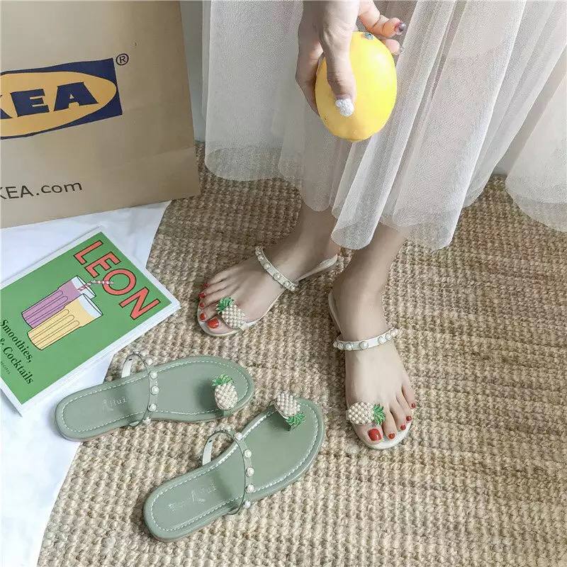 2022 Summer New Slippers Pearl Pineapple Female Casual Slippers Female set toe one pedal