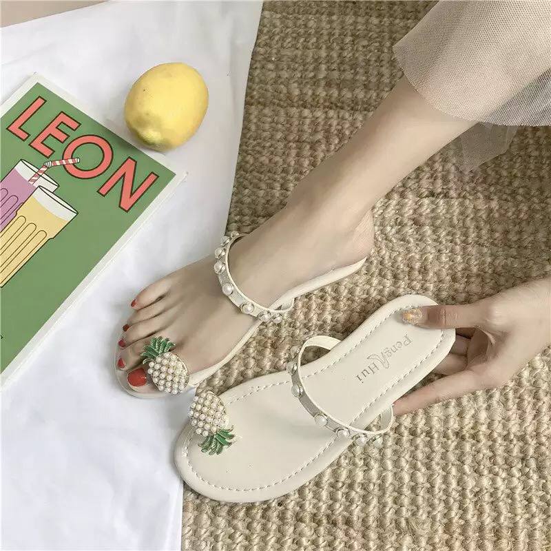 2022 Summer New Slippers Pearl Pineapple Female Casual Slippers Female set toe one pedal